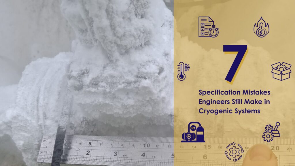 A picture of an iced over cryogenic valve with the title of the blog and some icons